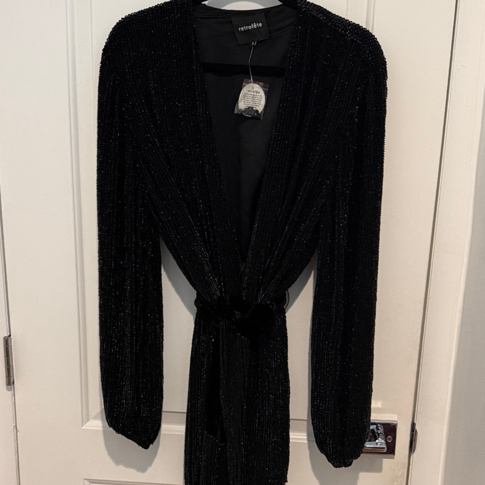 Retrofete Gabrielle Black Long-Sleeve Mini Dress with Tie Waist
